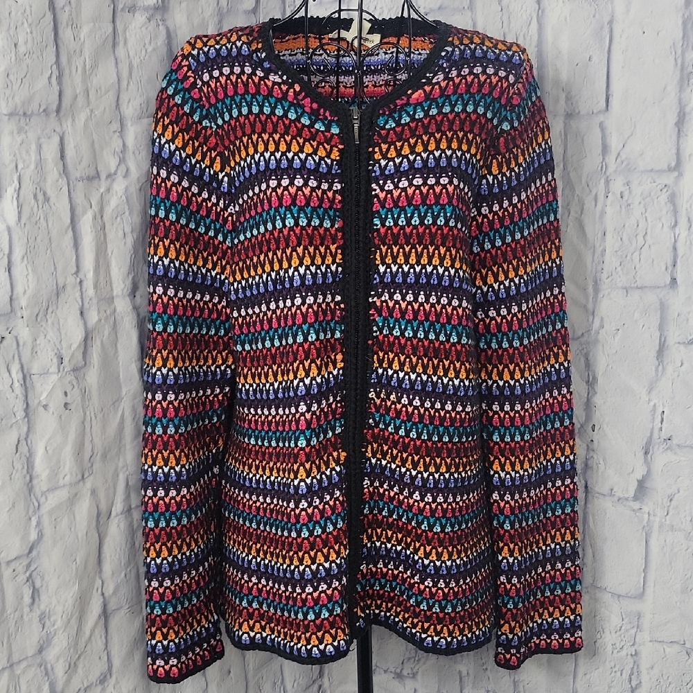Coldwater Creek Multicolor Crochet Knit‎ Zip Front Sweater Cardigan Medium